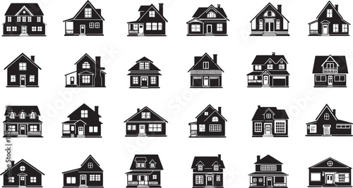 Collection of diverse house icons showcasing various architectural styles and designs for property or real estate themes