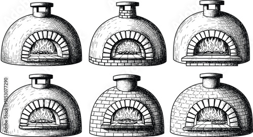 Set of six hand-drawn vintage wood-fired pizza ovens illustrations, featuring different brick and stone textures with fire inside, ideal for restaurant menus and Italian food design.