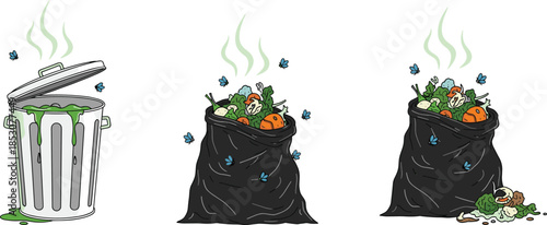 Set of smelly, rotting garbage illustrations showing overflowing trash can and black bags with spoiled food, flies, and foul odor, concept for waste, hygiene, and disposal.
