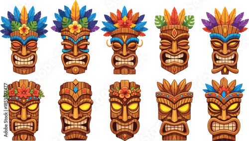 Set of ten vibrant polynesian wooden tiki totem masks with colorful feathers and tropical flowers, vector illustration for hawaiian party, luau, and island culture design.
