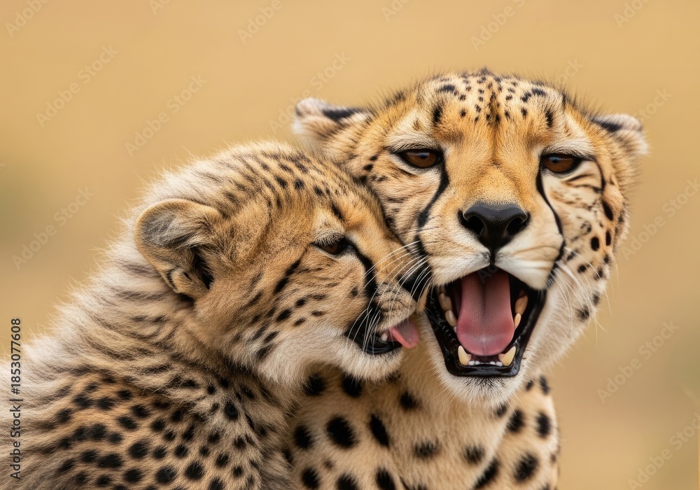 Fototapeta premium A mother cheetah licks her cub affectionately in the african savanna, showcasing a tender moment of maternal care and bonding between the two big cats