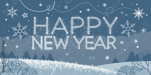 Happy New Year winter celebration with snowflakes and stars