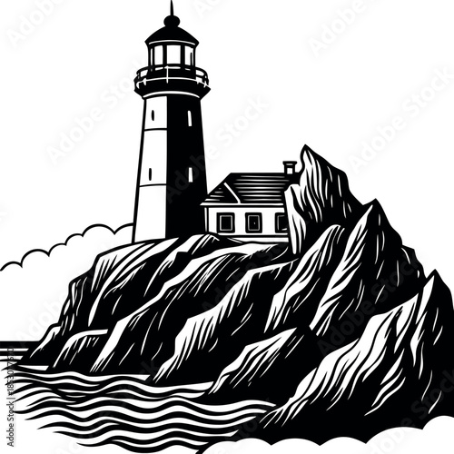 A detailed-vector-sketch-of-a-lighthouse-perched 