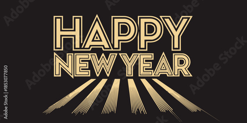 Golden Happy New Year text on black background with sunburst