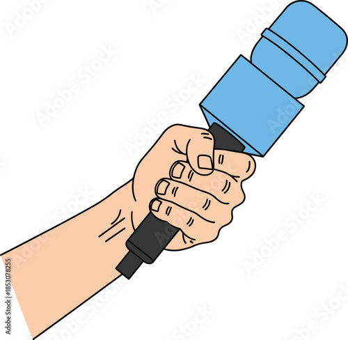 Hand holding microphone illustration representing interview journalism podcast reporting and public speaking concept in clean flat vector style