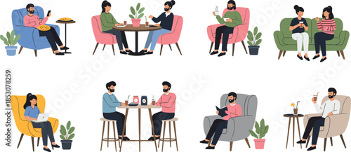 Set, of, diverse, flat, vector, people, characters, sitting, in, armchairs, and, at, tables, drinking, coffee, working, reading, and, socializing, in, cafe, lounge