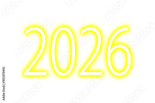 2026 new year typography with yellow neon glow. Glowing 2026 new year text with futuristic shining neon or laser effect for new year greeting card, background or display mockup. Vector illustration.