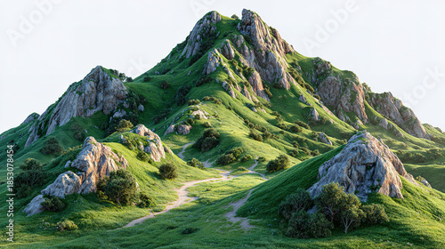 Lush green mountain landscape with rocky peaks and winding dirt paths.
