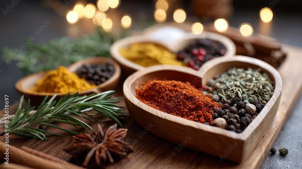 Fototapeta premium Heart-shaped wooden bowls filled with vibrant spices, including red chili powder, turmeric, and herbs, surrounded by fresh rosemary and decorative lights creating a warm culinary atmosphere