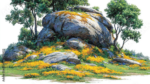 Large rock formation surrounded by trees and colorful flowering plants.