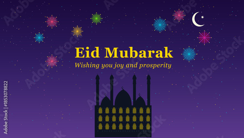 Eid mubarak greeting card with mosque silhouette and crescent moon on purple night sky background