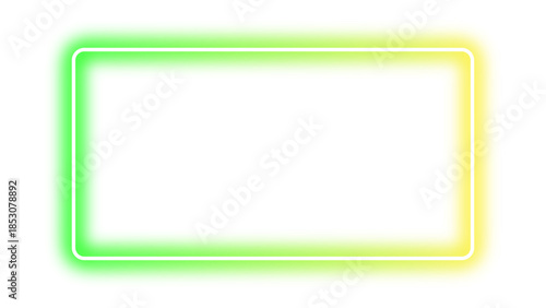 Neon glowing green and yellow gradient rectangular frame. Glowing border with bright futuristic neon effect. Shining laser line effect plate or panel with empty center for mockup. Vector illustration.