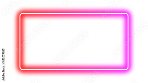 Neon glowing red and pink gradient rectangular frame. Glowing border with bright futuristic neon effect. Shining laser line effect plate or panel with empty center for mockup. Vector illustration.