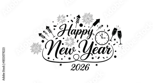 Festive new year celebration with clock champagne and confetti a beautiful silhouette