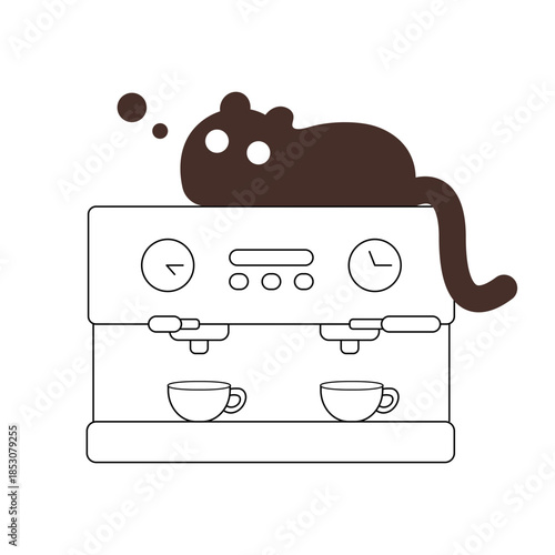 Whimsical line art illustration of a cute cat character interacting with coffee cups, bags, and brewing equipment in a minimalist style.