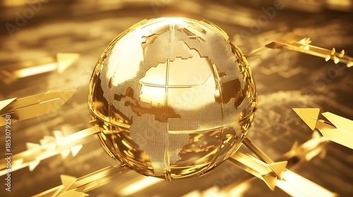 Golden globe surrounded by arrows illustrating global connectivity and strategy