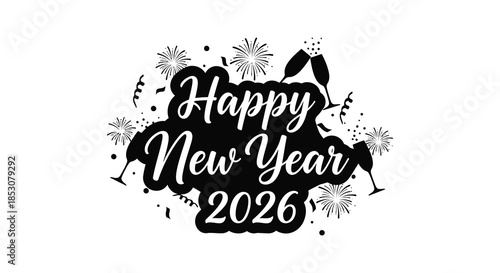 Festive new year celebration design with champagne glasses fireworks and text silhouette