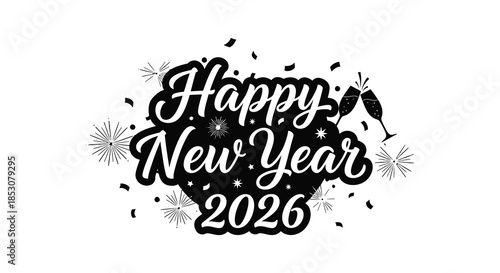 Festive new year celebration design with sparkling elements and bold typography silhouette