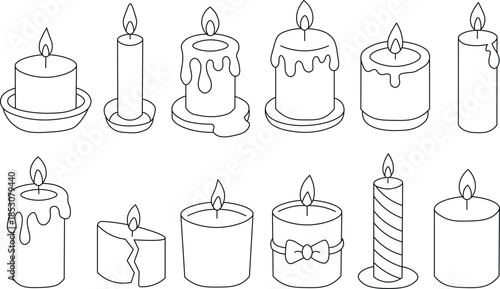 Candle Icon Set. Line Art Candle Vector Collection with Flames and Wax Designs