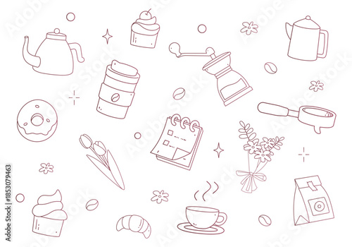 Hand-drawn doodle vector illustration of coffee shop elements and icons featuring coffee beans, croissants, grinders, moka pots, and various desserts in a minimalist line art style with "Coffee Shop" 