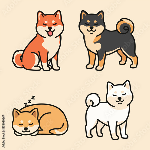 Cute Shiba Inu Dog Vector Set Poses and Colors Kawaii Cartoon Style