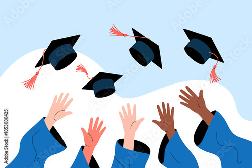 Graduation celebration with caps thrown in the air