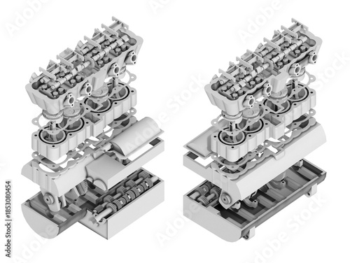Exploded view of a car engine block showing pistons and crankshaft, technical education 3d model for mechanical engineering, 3d rendering.