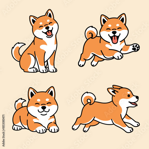 Cute Shiba Inu Dog Poses Collection Vector Illustration Set