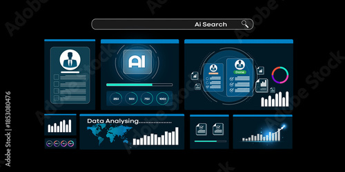 Business analyzing data using AI technology to work with tools, AI seo, search, Flowchart, wolrd smart technology and artificial intelligence concept. Isolated on black background