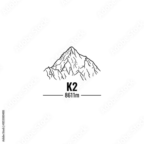 K2 mountain illustration with elevation marker sketch  
