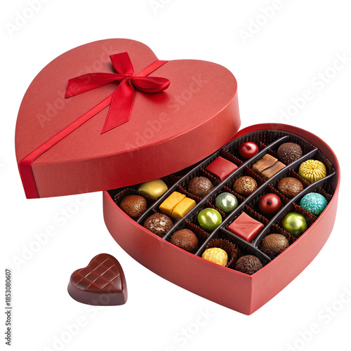 Heart-shaped box of colorful chocolates with red ribbon on isolated transparent background