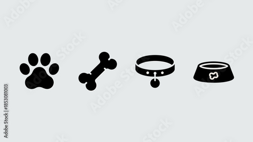 Set of four black pet care icons paw print, bone, collar, and food bowl, on a gray background