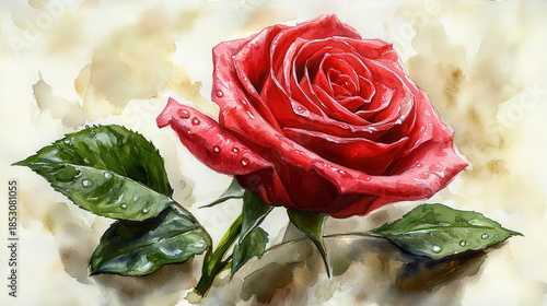 Vibrant Red Rose with Water Droplets on Soft Background