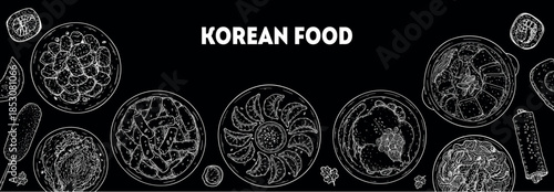 Korean food vector drawing frame. Hand drawn top view Korean food dishes vector sketch illustration. Bulgogi, corn dog, kimchi, mandu, dumpling, samgyetang, jjigae, japchae, kimbap
