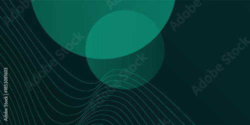 Dark green background with abstract green circles and wave lines modern. background is smooth and design sky