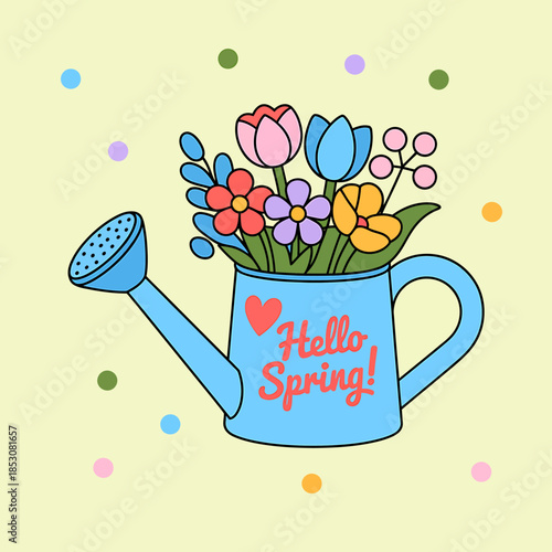 Hello Spring Watering Can with Colorful Flowers Illustration
