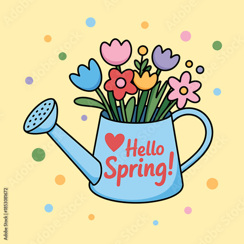 Hello Spring Watering Can with Colorful Flowers Illustration