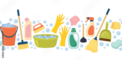 Seamless border with brush, sponge, spray, bucket, rubber gloves, mop, bottles, soap bubbles. Horizontal background with bright objects for cleaning
