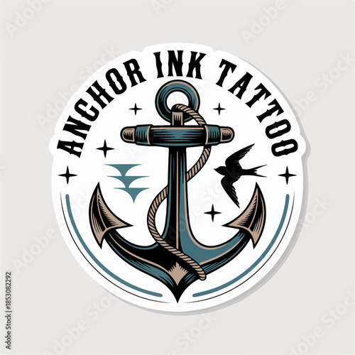 Anchor Ink Tattoo round badge with rope circle, swallow and stars, classic maritime tattoo logo vector for studio branding, stickers and apparel