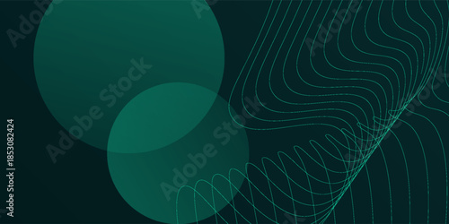 Dark green background with abstract green circles and wave lines modern. background is smooth and design sky gradien lines