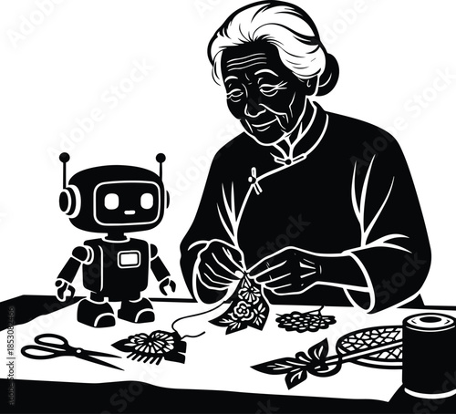 Grandmother teaching robot traditional festival paper crafts