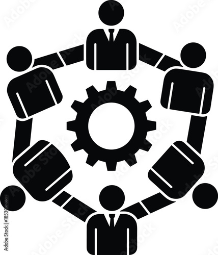 Successful business team collaboration; people partnership meeting around gear; unity; cooperation; project development; human resources; social network; communication; workflow process; corporate str