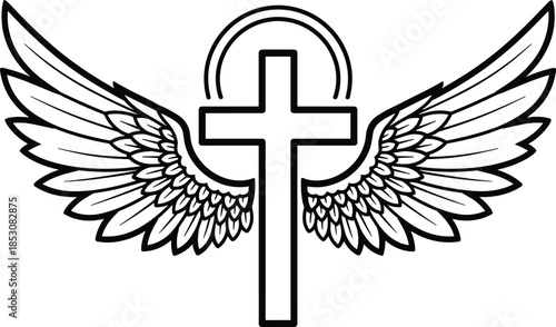 Stylized Christian Cross with Angel Wings Outline, Faith and Spirituality Symbol Graphic, Detailed Feather Design, Religious Tattoo Line Art, Isolated on White Background Vector