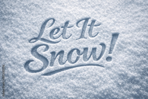 Joyful holiday phrase let it snow carved into fresh snow powdery surface. Cool monochrome palette with soft directional light create embossed typography with festive feeling