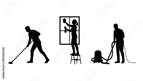 Silhouettes of people performing cleaning tasks vacuuming, window washing, and floor sweeping