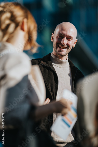 Foto A smiling bald man engages with colleagues in a casual outdoor business discussion