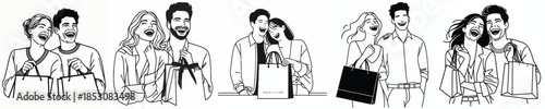 vector line art half body of a couple doing Christmas shopping