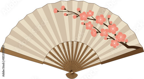 Traditional Japanese Folding Hand Fan Illustration, Featuring Elegant Pink Cherry Blossom Sakura Branch Design on Beige Paper Surface, Isolated on White Background,