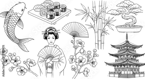 Traditional Japanese culture vector illustration set including koi fish, sushi roll, geisha woman, bonsai tree, bamboo, cherry blossom, and pagoda temple sketch.