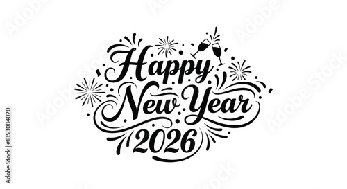 Festive new year calligraphy with celebratory graphics and the year 2026 silhouette